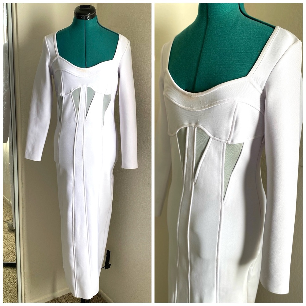 Karen Millen RARE* Cutout Mesh Bandage Corset White Long Sleeve Dress M